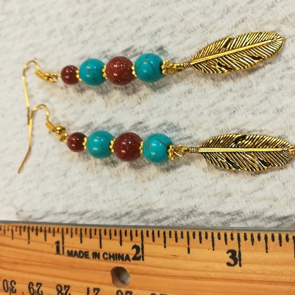 Gold Sandstone and Faux Turquoise Dangle Earrings with Antique Gold Feather - Picture 7 of 7